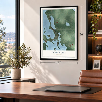 Center City, Minnesota map, 18 x 24 inch print in a black frame in a home office