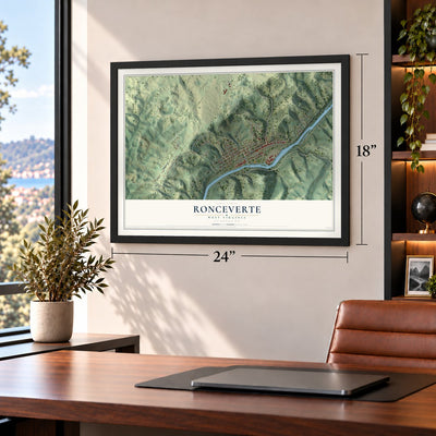Ronceverte, West Virginia map, 18 x 24 inch print in a black frame in a home office