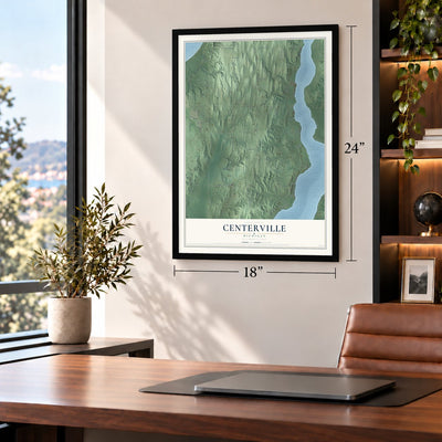 Centerville, Michigan map, 18 x 24 inch print in a black frame in a home office