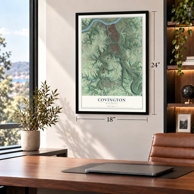 Covington, Kentucky map, 18 x 24 inch print in a black frame in a home office
