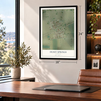 Olney Springs, Colorado map, 18 x 24 inch print in a black frame in a home office