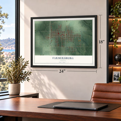 Farmersburg, Indiana map, 18 x 24 inch print in a black frame in a home office