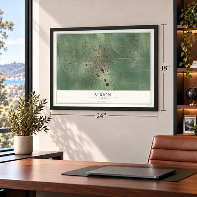 Albion, Illinois map, 18 x 24 inch print in a black frame in a home office