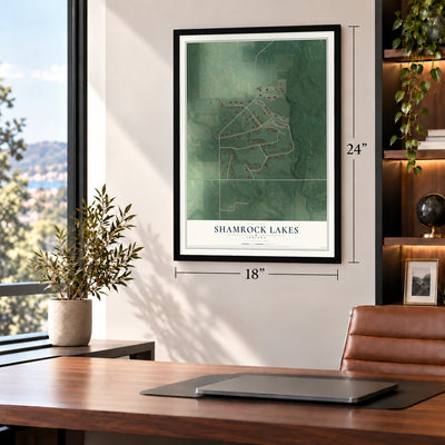 Shamrock Lakes, Indiana map, 18 x 24 inch print in a black frame in a home office
