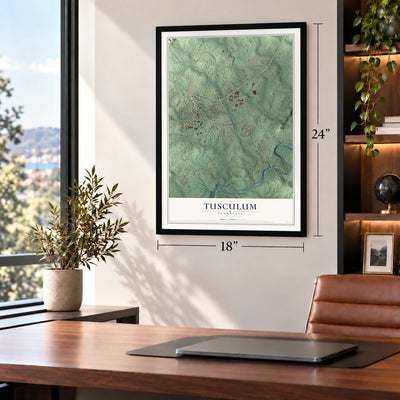 Tusculum, Tennessee map, 18 x 24 inch print in a black frame in a home office