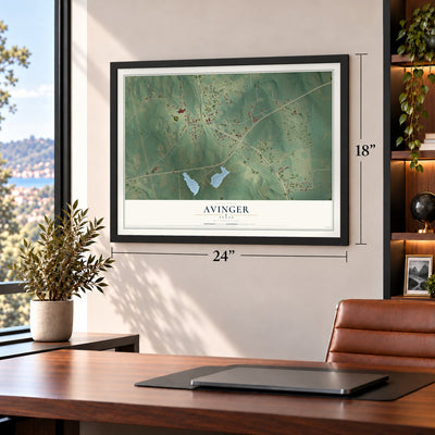 Avinger, Texas map, 18 x 24 inch print in a black frame in a home office