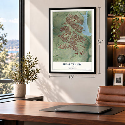 Heartland, Texas map, 18 x 24 inch print in a black frame in a home office