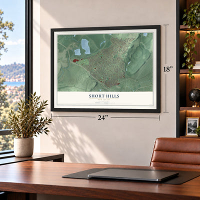 Short Hills, New Jersey map, 18 x 24 inch print in a black frame in a home office