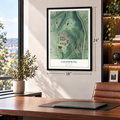 Coldspring, Maryland map, 18 x 24 inch print in a black frame in a home office