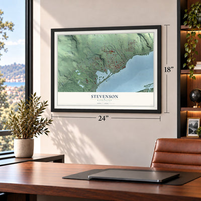 Stevenson, Washington map, 18 x 24 inch print in a black frame in a home office