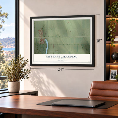 East Cape Girardeau, Illinois map, 18 x 24 inch print in a black frame in a home office