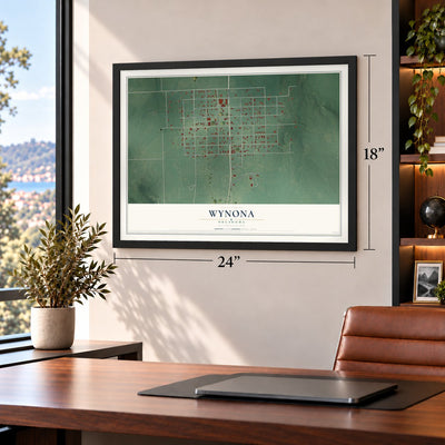 Wynona, Oklahoma map, 18 x 24 inch print in a black frame in a home office