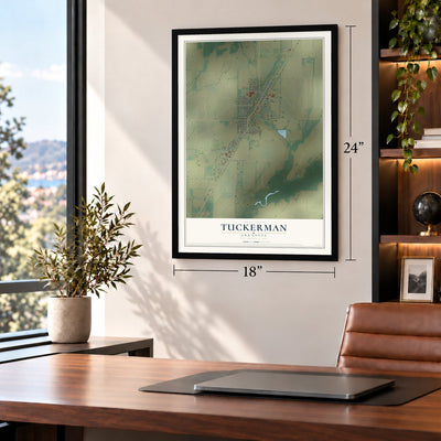 Tuckerman, Arkansas map, 18 x 24 inch print in a black frame in a home office