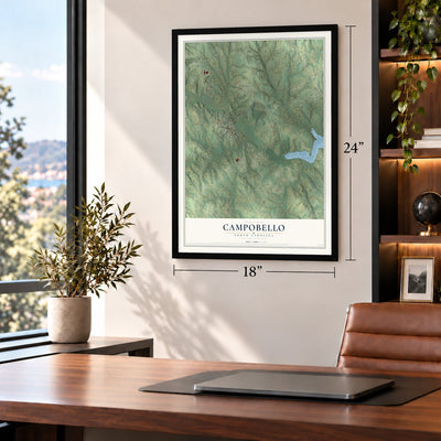 Campobello, South Carolina map, 18 x 24 inch print in a black frame in a home office