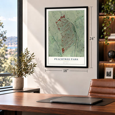 Peachtree Park, Georgia map, 18 x 24 inch print in a black frame in a home office