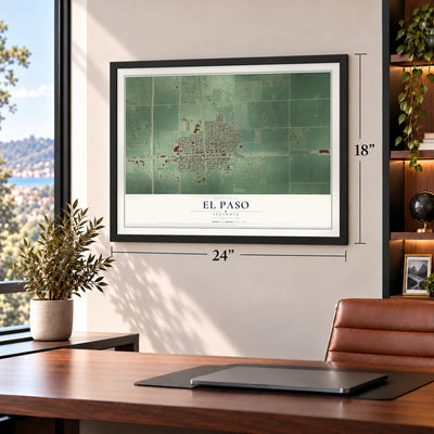 El Paso, Illinois map, 18 x 24 inch print in a black frame in a home office