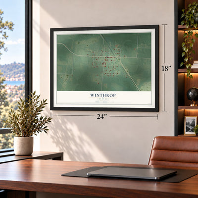 Winthrop, Arkansas map, 18 x 24 inch print in a black frame in a home office