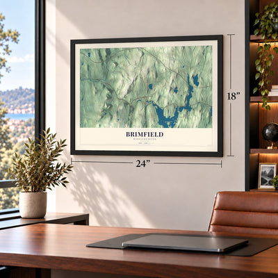Brimfield, Massachusetts map, 18 x 24 inch print in a black frame in a home office
