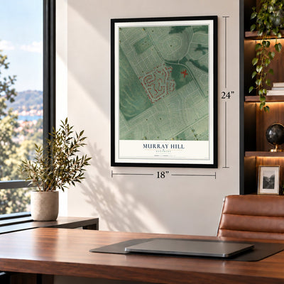 Murray Hill, Kentucky map, 18 x 24 inch print in a black frame in a home office