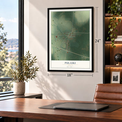Pulaski, Georgia map, 18 x 24 inch print in a black frame in a home office