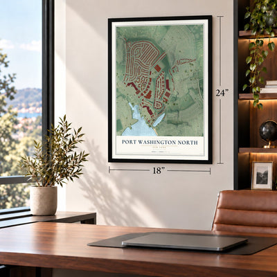 Port Washington North, New York map, 18 x 24 inch print in a black frame in a home office