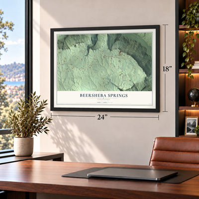 Beersheba Springs, Tennessee map, 18 x 24 inch print in a black frame in a home office