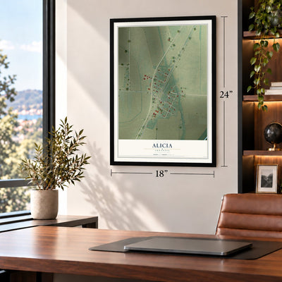 Alicia, Arkansas map, 18 x 24 inch print in a black frame in a home office