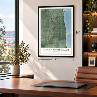Lake St. Croix Beach, Minnesota map, 18 x 24 inch print in a black frame in a home office