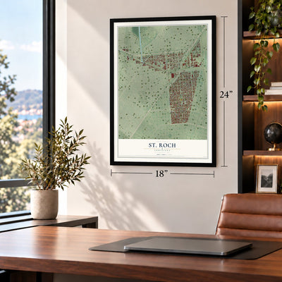 St. Roch, Louisiana map, 18 x 24 inch print in a black frame in a home office
