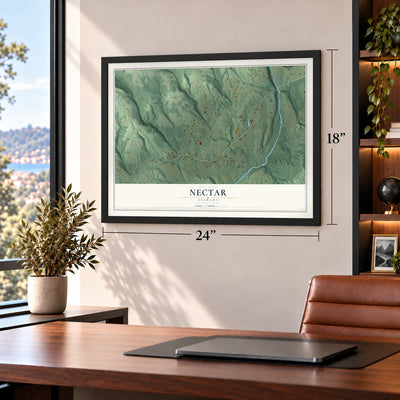 Nectar, Alabama map, 18 x 24 inch print in a black frame in a home office