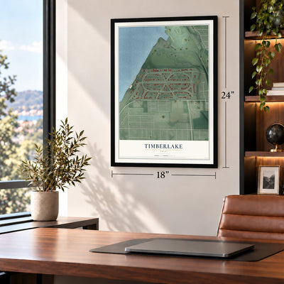 Timberlake, Ohio map, 18 x 24 inch print in a black frame in a home office