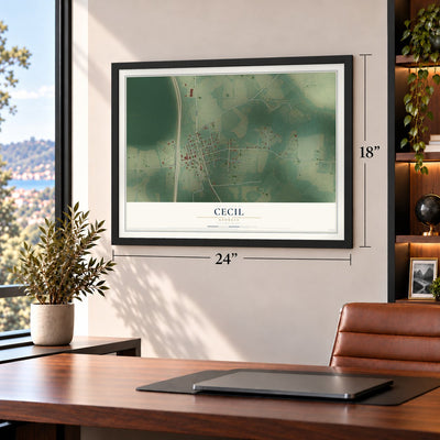 Cecil, Georgia map, 18 x 24 inch print in a black frame in a home office
