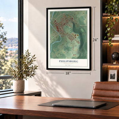 Philipsburg, Pennsylvania map, 18 x 24 inch print in a black frame in a home office