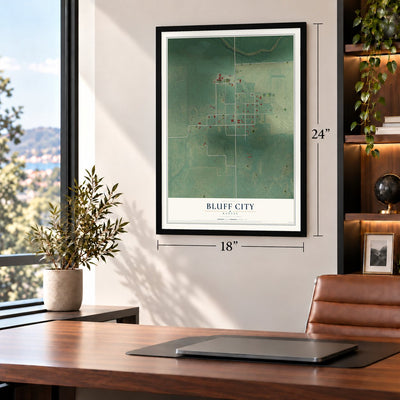 Bluff City, Kansas map, 18 x 24 inch print in a black frame in a home office