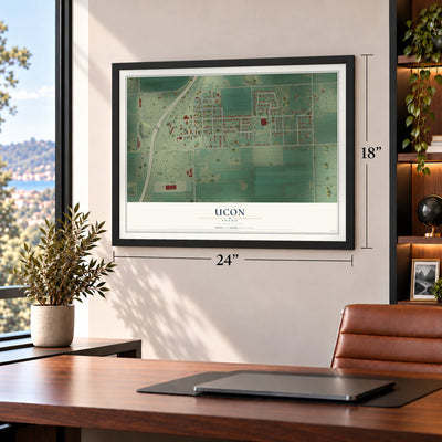 Ucon, Idaho map, 18 x 24 inch print in a black frame in a home office