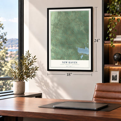 New Haven, Adams County, Wisconsin map, 18 x 24 inch print in a black frame in a home office