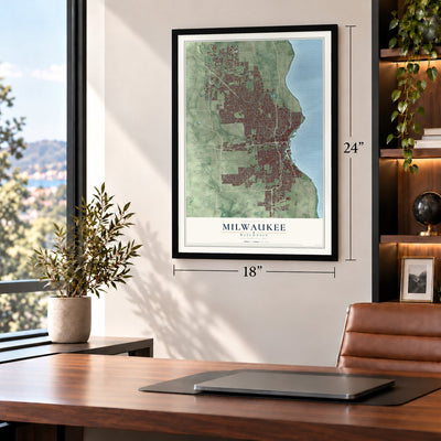 Milwaukee, Wisconsin map, 18 x 24 inch print in a black frame in a home office