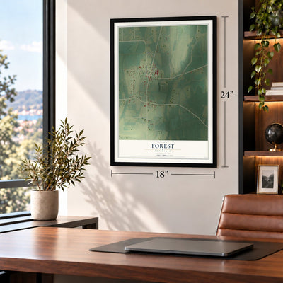 Forest, Louisiana map, 18 x 24 inch print in a black frame in a home office