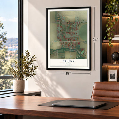 Athena, Oregon map, 18 x 24 inch print in a black frame in a home office