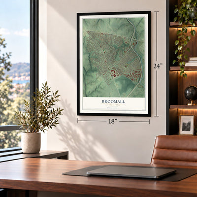 Broomall, Pennsylvania map, 18 x 24 inch print in a black frame in a home office