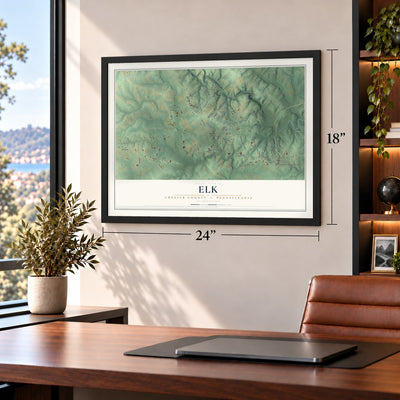 Elk, Chester County, Pennsylvania map, 18 x 24 inch print in a black frame in a home office