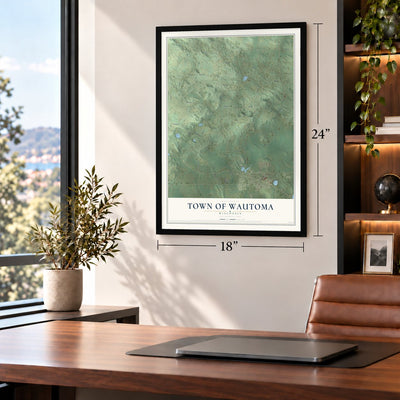 Town of Wautoma, Wisconsin map, 18 x 24 inch print in a black frame in a home office