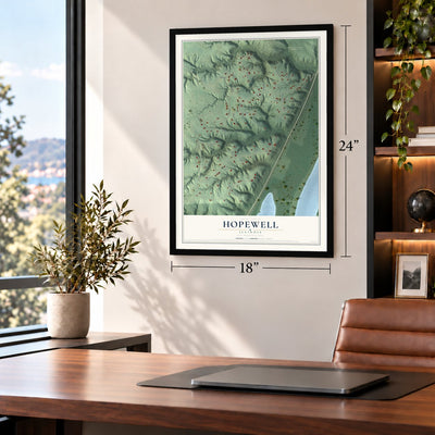 Hopewell, Illinois map, 18 x 24 inch print in a black frame in a home office