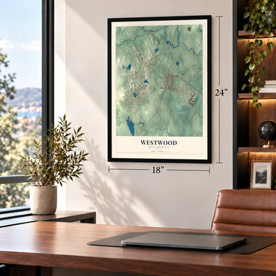 Westwood, Massachusetts map, 18 x 24 inch print in a black frame in a home office