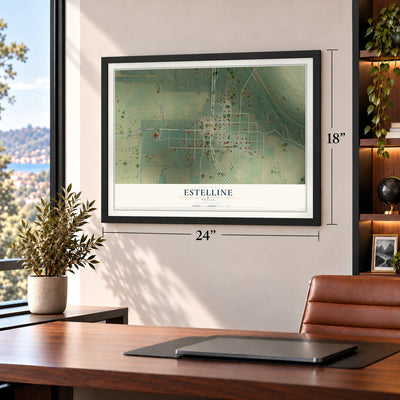 Estelline, Texas map, 18 x 24 inch print in a black frame in a home office