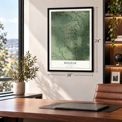 Bingham, Illinois map, 18 x 24 inch print in a black frame in a home office