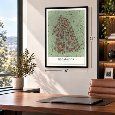 Broadmoor, Louisiana map, 18 x 24 inch print in a black frame in a home office