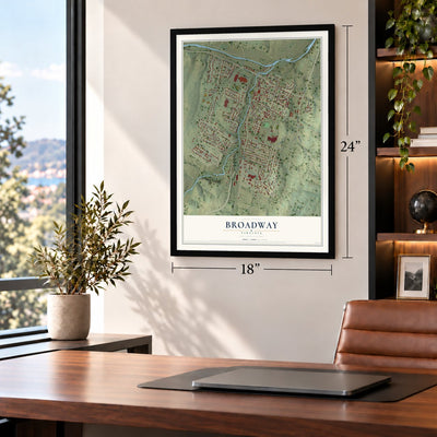 Broadway, Virginia map, 18 x 24 inch print in a black frame in a home office