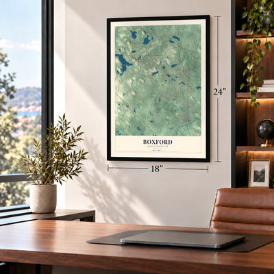 Boxford, Massachusetts map, 18 x 24 inch print in a black frame in a home office