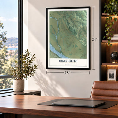 Three Creeks, Missouri map, 18 x 24 inch print in a black frame in a home office